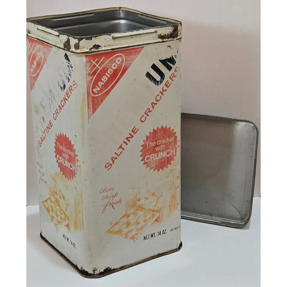 Vintage Nabisco Premium Saltine Crackers Tin Blue Lid 14oz‎ Metal Advertising